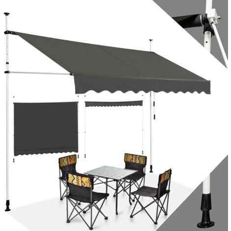 Store Banne Manuel Pour Terrasse - 350x120cm - Toile Polyester Gris Ardoise - Sans Perçage, Réglable
