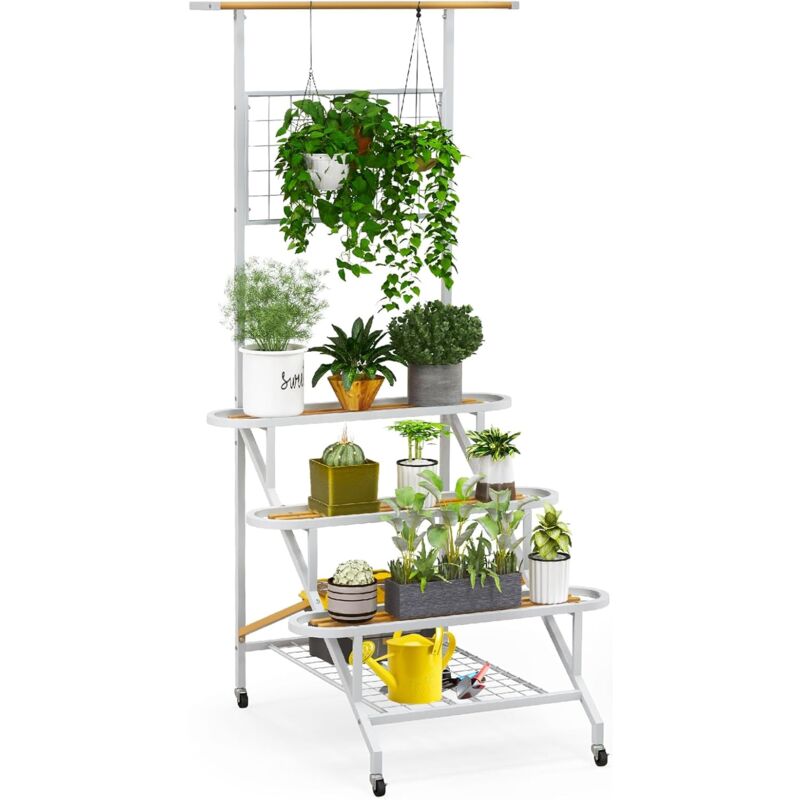 Support de Plante Suspendu avec Roues, Étagère de Fleurs à 3 Niveaux avec Barre de Suspension, TreillisÉtagère Grillagée, Porte-Plante Haut