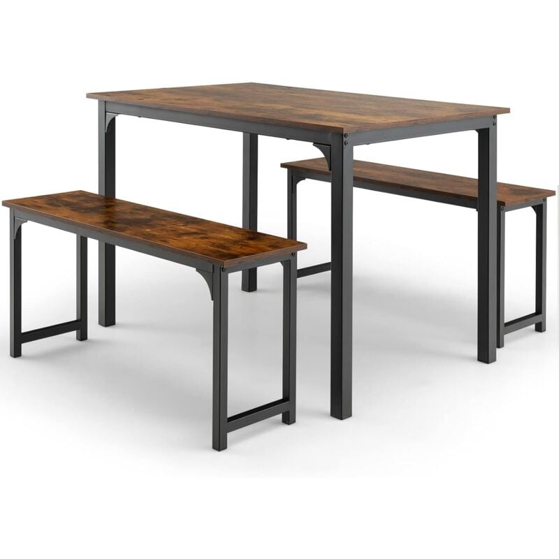Relax4life - Table à Manger 4 Personnes avec 2 Bancs, Cadre en Métal, Style Industriel, Petite Table de Cuisine Compacte pour Salon Cuisine Salle à