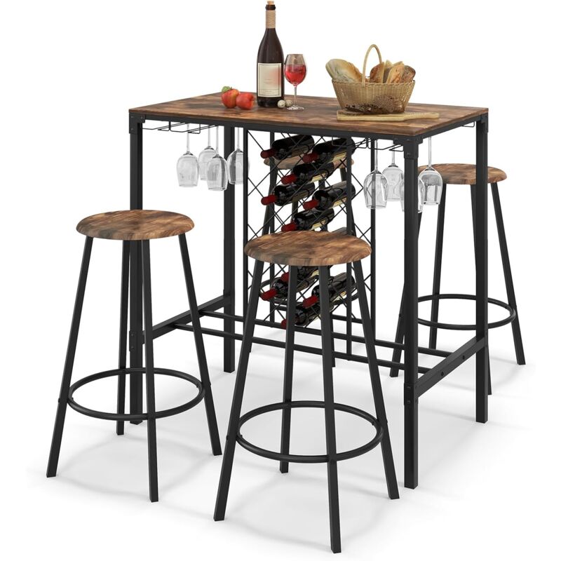 Relax4life - Table à Manger 5 Pcs Industriel avec 4 Tabourets avec Repose-Pieds, Ensemble de Table de Bar Bistrot + 4 Tabourets Hauts, pour