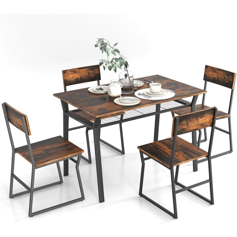 Relax4life - Table a Manger avec 4 Chaises Industrielles, Table Chaise Encastrable avec Étagère en Filet, Cadre en Métal, Ensemble Table et 4 Chaises