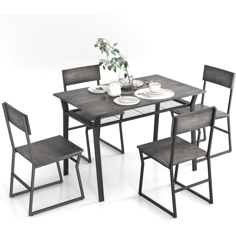 Relax4life - Table a Manger avec 4 Chaises Industrielles, Table Chaise Encastrable avec Étagère en Filet, Cadre en Métal, Ensemble Table et 4 Chaises