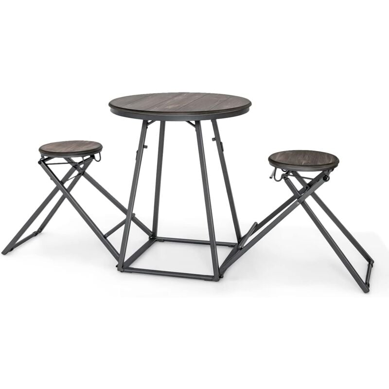 Relax4life - Table Bar Industirelle avec 2 Tabourets Pliables, Table Haute Cuisine avec Cadre en Métal Robuste, Ensemble Table à Manger Compact pour