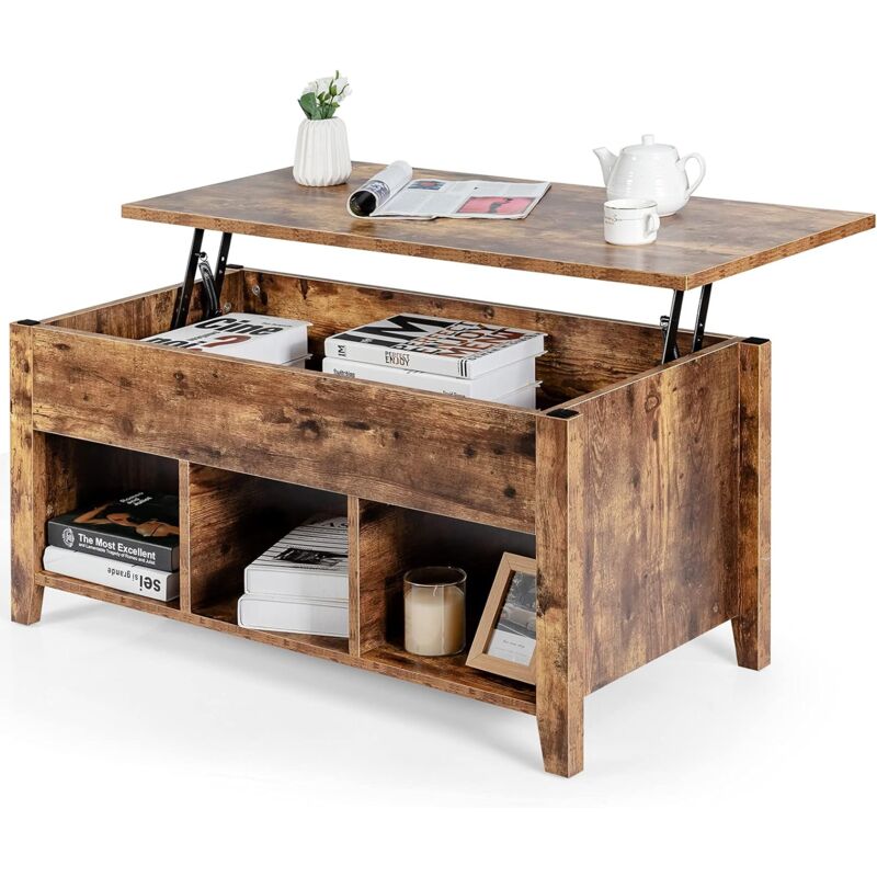 Relax4life - Table Basse avec Plateau Relevable, Table Basse de Salon avec Compartiment Caché et Étagères Ouvertes, Table de Salon avec 4 Pieds en