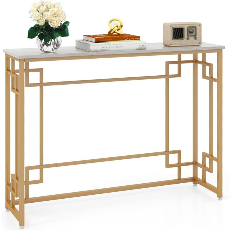 Table Console avec Plateau en Faux Marbre, Meuble d'Entrée 110 x 30 x 81 cm avec Cadre en Métal Dorépour Couloir, Salon, Chambre - Relax4life
