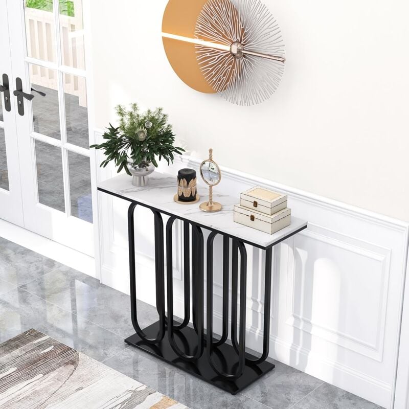 Relax4life - Table Console d'Entrée avec Plateau Blanc en Pierre Artificielle - Kit Anti-basculement Inclus - pour Salon/Couloir/Entrée - 100 x 30 x