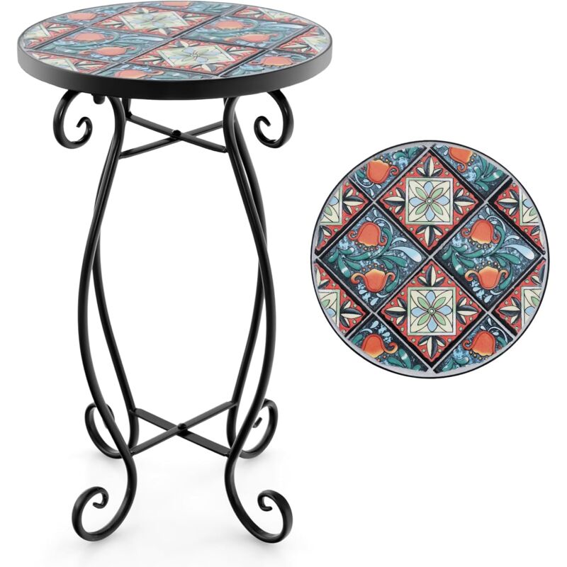 Relax4life - Table d'Appoint en Mosaïque, Table de Jardin en Métal avec Plateau en Carreaux & Cadre en Métal Robuste, Support pour Plantes pour