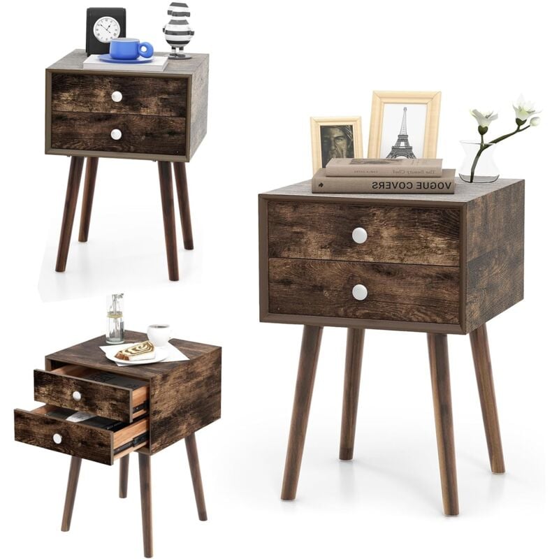 Relax4life - Table de Chevet avec 2 Tiroirs, Table d'Appoint en Bois et mdf avec Pied en Bois Massif Idéal pour Chambre, Salon, Bureau, 40 x 40 x 59