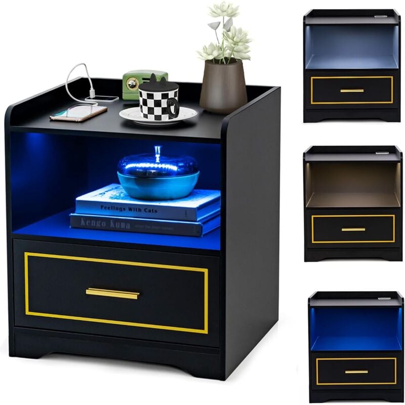 Relax4life - Table de Chevet avec led Intelligent à 3 Couleurs Réglables & usb & Induction Corporelle, Table de Nuit avec Étagère & 1 Tiroir, Table