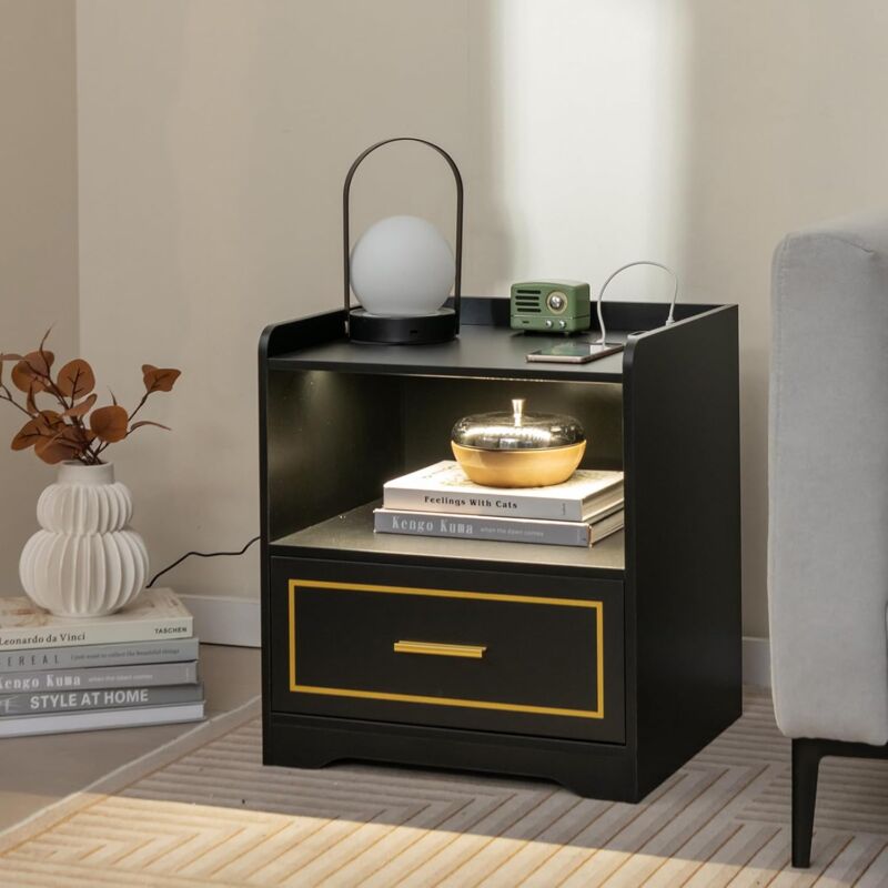 Relax4life - Table de Chevet avec led Intelligent à 3 Couleurs Réglables & usb & Induction Corporelle, Table de Nuit avec Étagère & 1 Tiroir, Table