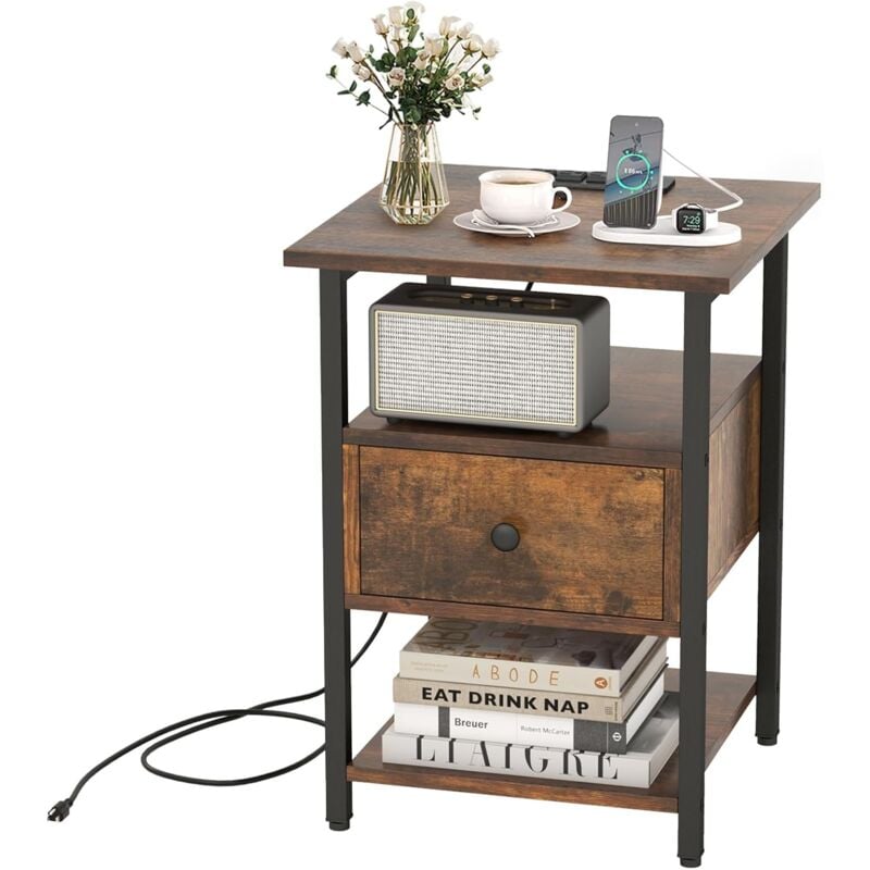 Relax4life - Table de Chevet avec Station de Charge, 1 Tiroir et Etagères Ouvertes, Table de Nuit Etroite Industrielle, Ports usb + Type c et 2