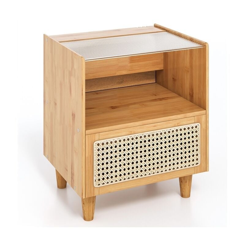 Table de Chevet avec Tiroir en Rotin, Table de Nuit 43 x 35 x 50 cm avec Espace de Rangement, Naturel - Relax4life