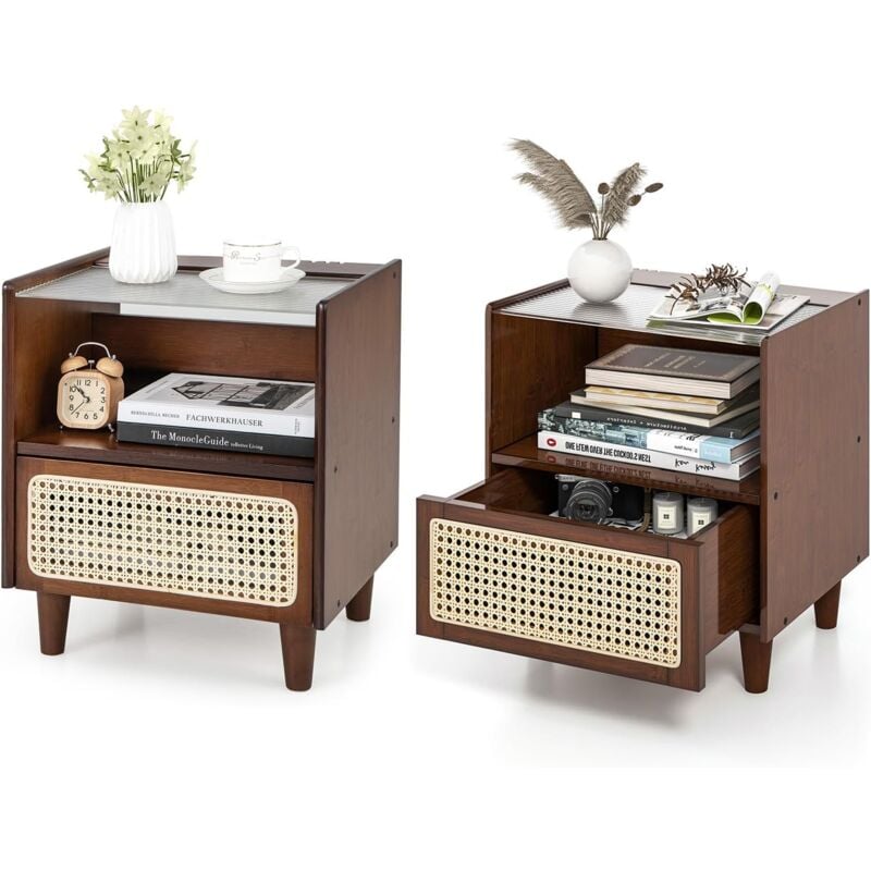 RELAX4LIFE Table de Chevet en Bambou avec Tiroir en Rotin & Plateau en Verre, Table de Nuit Style Simple Moderne avec Espace de Rangement Caché pour