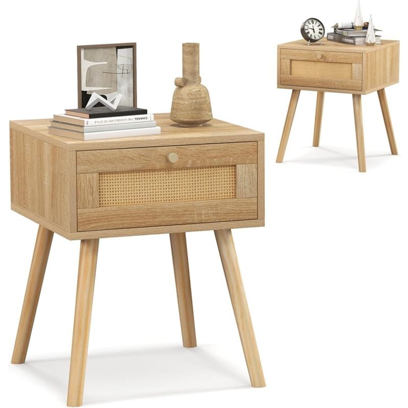 Relax4life - Table de Chevet en Rotin avec Tiroir Poignée Métallique Pieds en Pin Massif, Table d'Appoint avec Décoration Tissé, Style Moderne pour