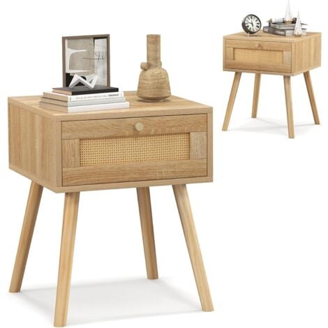 RELAX4LIFE Table de Chevet en Rotin avec Tiroir Poignée Métallique Pieds en Pin Massif, Table d'Appoint avec Décoration Tissé, Style Moderne pour Chambre à Coucher Salon 40x40x55 cm (1, Naturel)