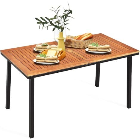 RELAX4LIFE Table de Jardin Certifié FSC en Bois d’Acacia avec Trou de Parasol et Cadre en Fer Solide, Table de Salle à Manger Idéal pour Terrasse/Jardin/Patio, 140x75x76CM
