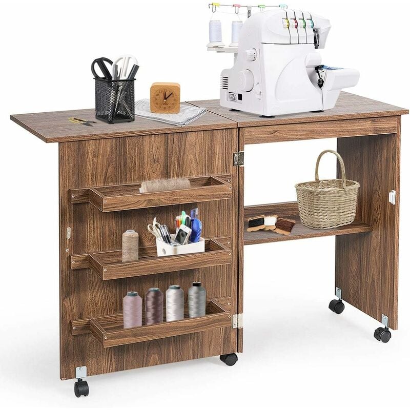 RELAX4LIFE Table Pliable pour Machine à Coudre avec 4 Etagères de Rangement, Armoire à Machine à Coudre avec Roulettes avec Freins, Table Pliable en