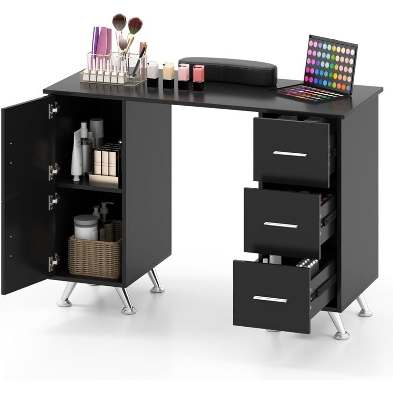 Relax4life - Table de Manucure avec Rangement, Table Manucure avec 3 Tiroirs, 2 Armoires, Table à Ongles avec Coussin de Poignet Amovible, Grande