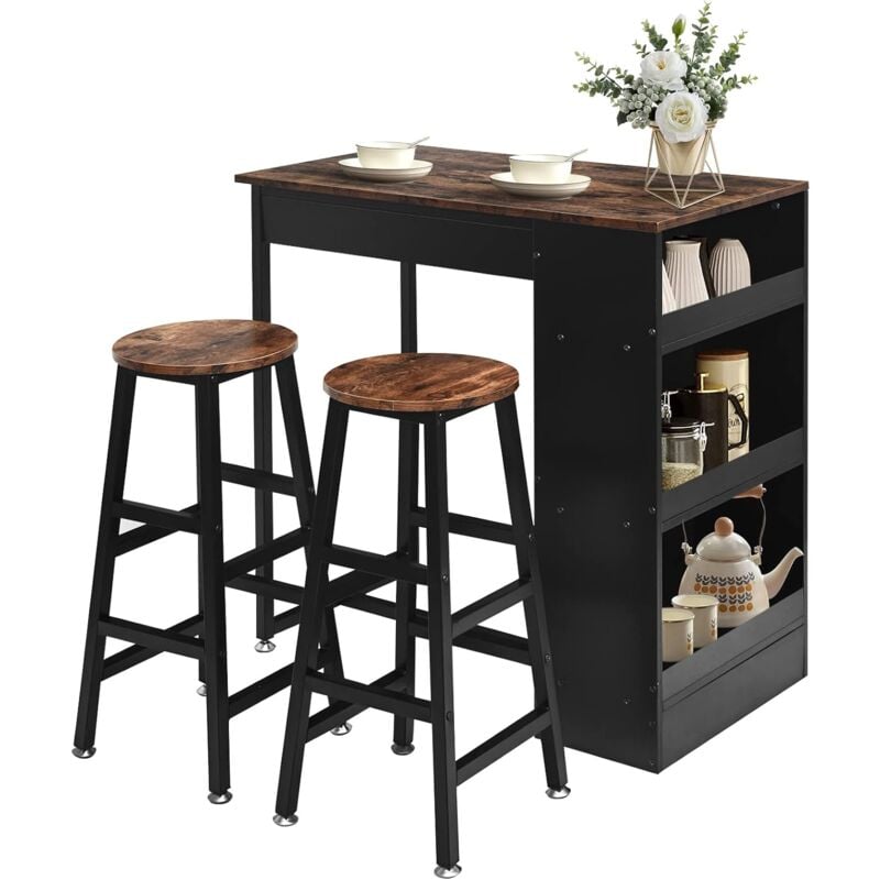 Relax4life - Table Haute à Manger avec 2 Tabouret Haut, Mange Debout avec 3 Étagères Latérales, Table Bar Compacte, Style Industriel pour Cuisine