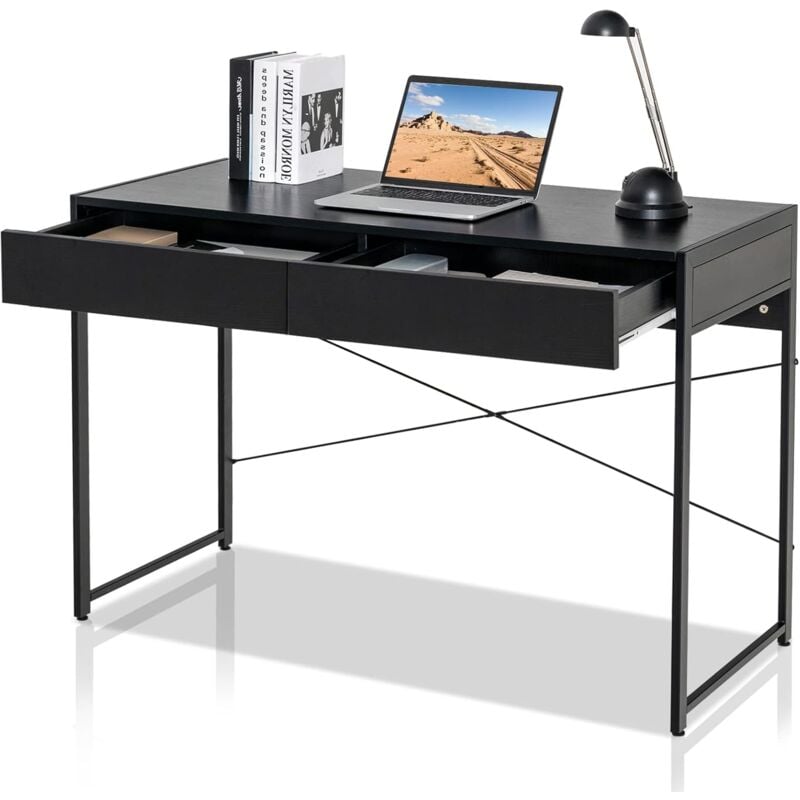 Relax4life - Table Informatique à 2 Tiroirs avec Cadre en Acier Robuste, Bureau Style Industriel Charge Max. 100kg pour Bureau, Salon, 112x48x76cm,