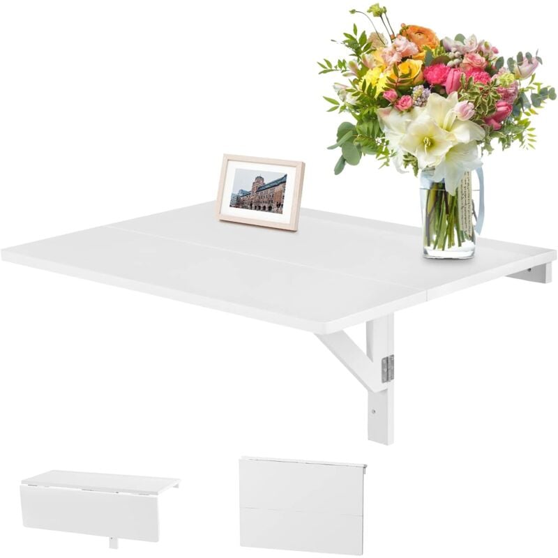 Relax4life - Table Murale Rabattable 80x60cm avec Support Triangulaire Double Pliage, Table Cuisine Murale pour Salon, Salle,Cuisine,Bureau (Blanc)