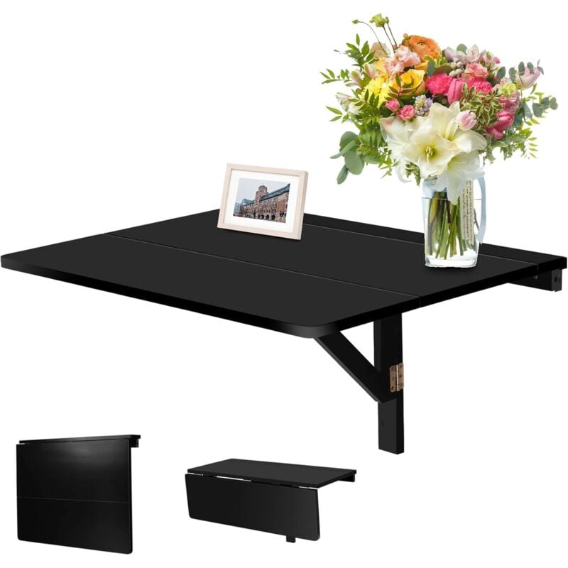 Table Murale Rabattable 80x60cm avec Support Triangulaire Double Pliage, Table Cuisine Murale pour Salon, Salle,Cuisine,Bureau (Noir) - Relax4life