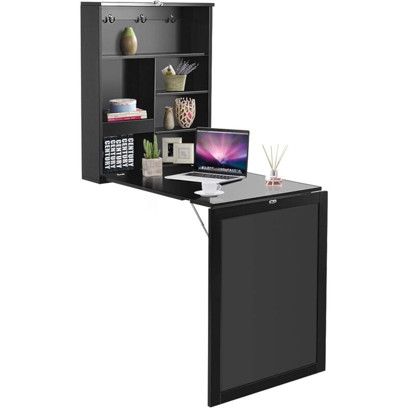 Relax4life - Table Murale Rabattable en Bois avec Compartiment Intégrée, Bureau d'Ordinateur Suspendu Idéal pour Salon, Salle à Manger, Bureau 60 x