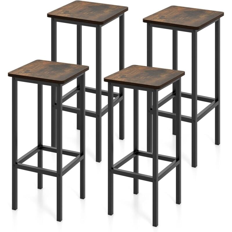 Relax4life - Tabouret de Bar Lot de 4, Tabouret Haut Industriel avec Cadre Métallique, Chaise Haute Bar avec Repose-Pieds, Assise 65 cm, Charge 150KG