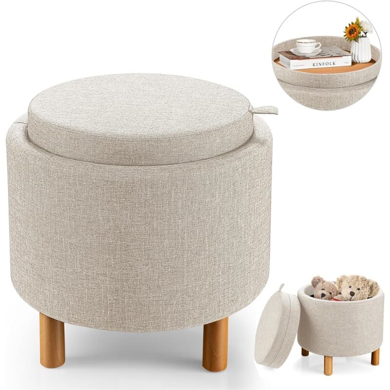 Relax4life - Tabouret de Coiffeuse avec Couvercle Réversible et Rangement Caché, Ottoman Pouf avec Coffre de Rangement, Pouf RondRepose-Pieds