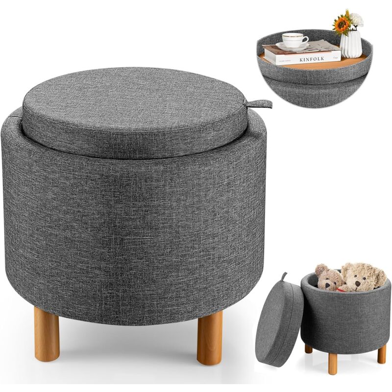 Tabouret de Coiffeuse avec Couvercle Réversible et Rangement Caché, Ottoman Pouf avec Coffre de Rangement, Pouf RondRepose-Pieds Rembourré