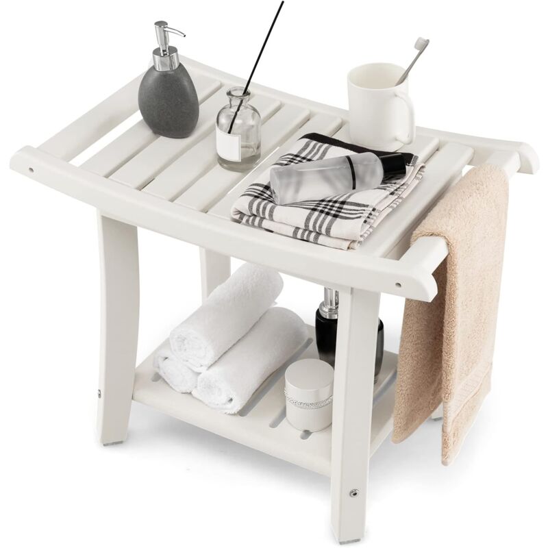 RELAX4LIFE Tabouret Salle de Bain Solide à 2 Niveaux, Banc de Douche en HDPE avec Porte-Serviettes Siège Incurvé, Tabouret Bas avec Étagère