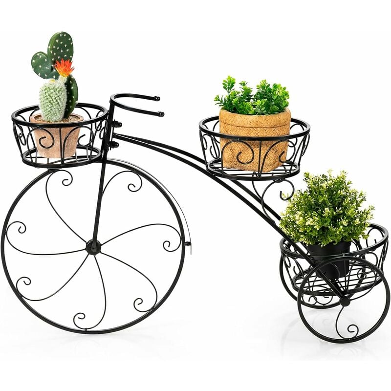 Relax4life - tagère à Plantes en Fer de Type Tricycle avec 3 Corbeilles de Hauteurs Différentes, Support de Pot Intérieur Extérieur avec 3 Roues de