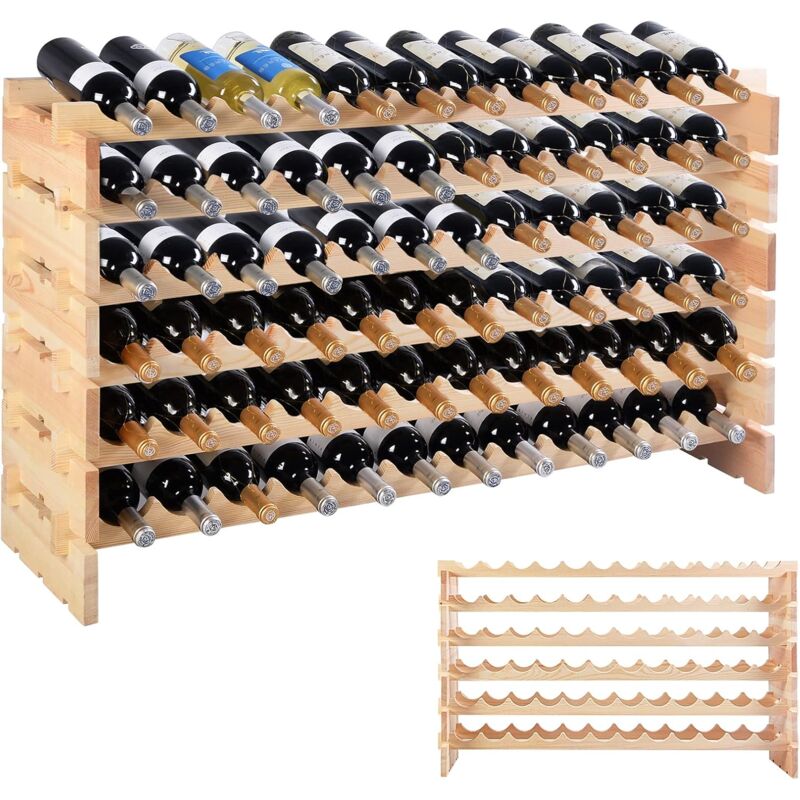 Relax4life - tagère à Vin Empilable en Pin à 6 Niveaux pour 72 Bouteilles, Range Bouteille Vin Modulable avec Conception Horizontale Porte-Bouteilles