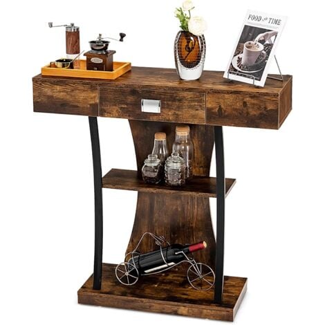RELAX4LIFE Tavolo Consolle a 3 Piani con Ripiani, Tavolo da Ingresso in Legno con Dispositivo Antiribaltamento e Tubi Metallici di Supporto, Tavolo da Divano per Ingresso Corridoio Soggiorno (Marrone)
