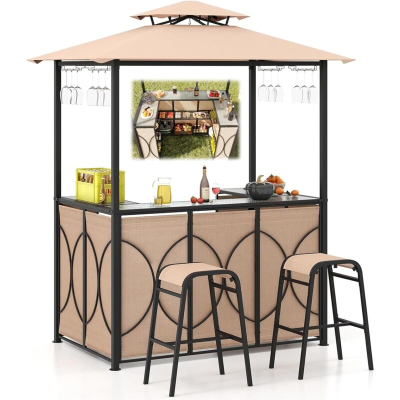 Relax4life - Tonnelle Barbecue Extérieur avec 2 Tabourets, Abris Barbecue, Toit Ventilé, Comptoir en Verre Trempé, Etagères 2 Niveaux, Porte-Verre,