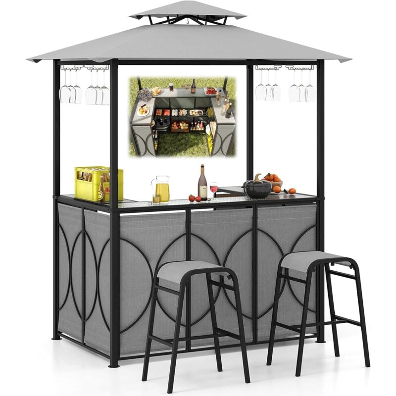 Relax4life - Tonnelle Barbecue Extérieur avec 2 Tabourets, Abris Barbecue, Toit Ventilé, Comptoir en Verre Trempé, Etagères 2 Niveaux, Porte-Verre,