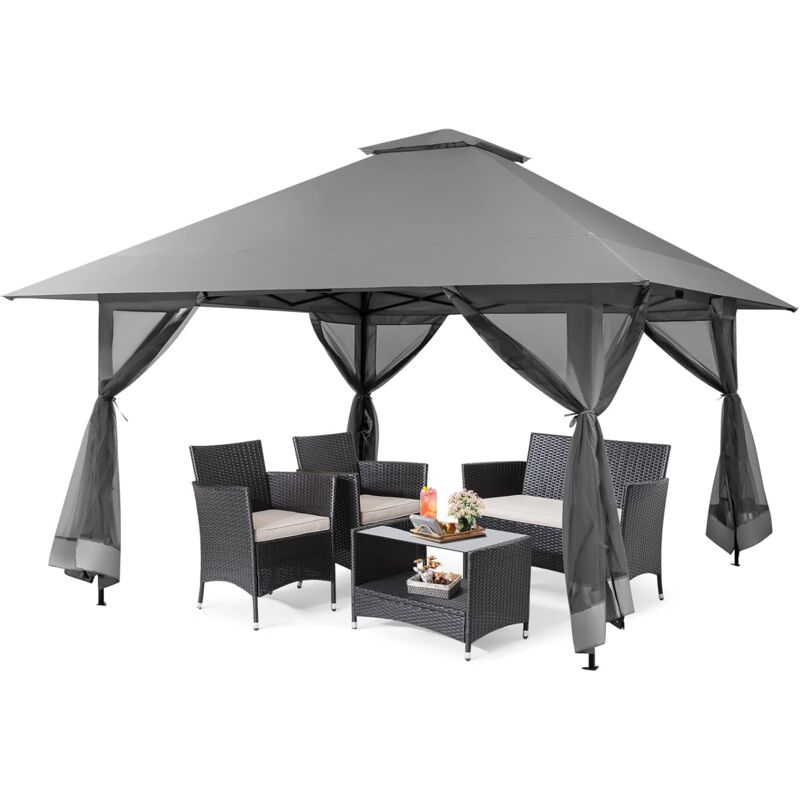 Relax4life - Tonnelle de Jardin Exterieur 4x4m avec Parois en Maille à Fermeture Éclair, Hauteur Réglable, Tonnelle Pliante Pop-up, Double Toit,