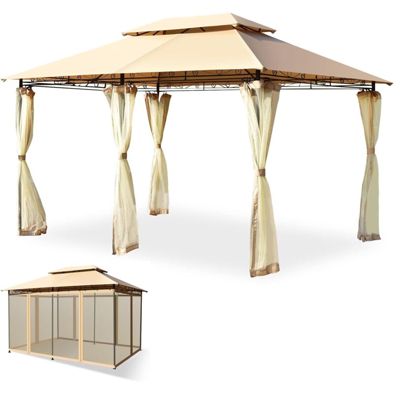 Relax4life - Tonnelle de Jardin Extérieur avec Moustiquaire et Toiles Amovibles Imperméables, Pavillon de Jardin en Fer et Polyester avec 4 Parois,