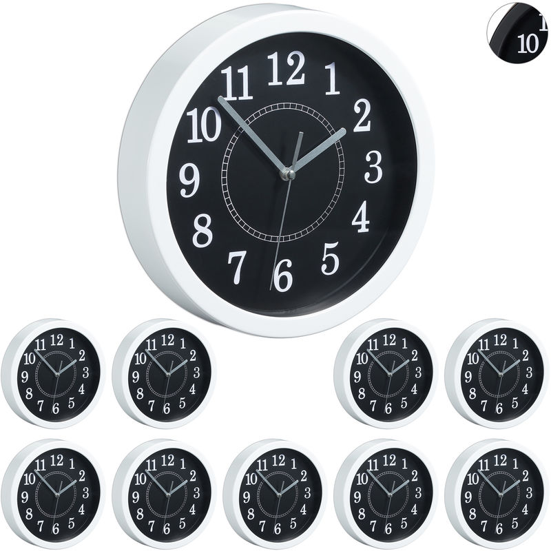 Set of 10 Relaxdays Round Wall Clocks, ø 20cm, Hanging Wall Clock, Classic Design, Battery-Operated, White