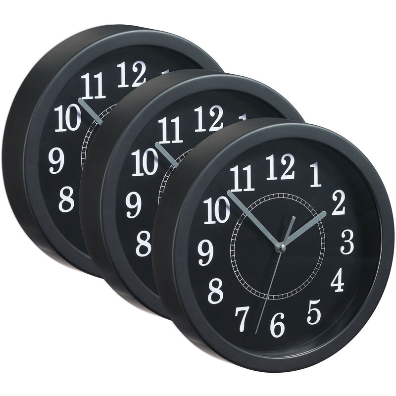 Set of 3 Relaxdays Round Wall Clocks, ø 20cm, Hanging Wall Clock, Classic Design, Battery-Operated, Black