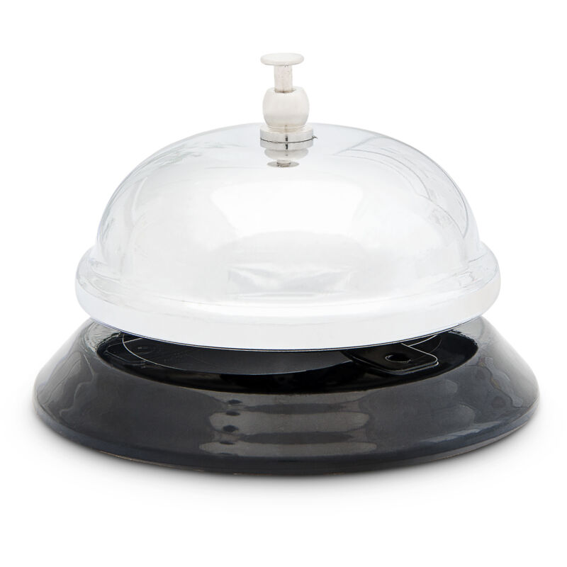 Clochette de comptoir, lot de 2, ronde, son clair, réception hôtel, bar, chromée, HxLxP : 6 x 8,5 x 8,5 cm, argentée