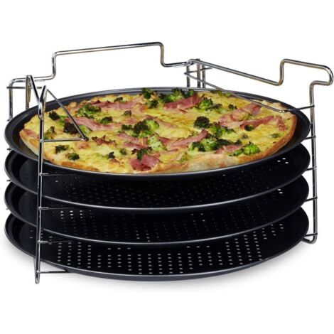 Relaxdays 10020495 Plaques de cuisson pizza lot de 4 avec support HxlxP : 20 x 32 x 32 cm avec perforation revêtement antiadhésif, anthracite