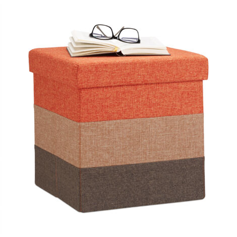 Relaxdays 10022866491 Pouf Imbottito con Contenitore, a Strisce, Colorato, Pieghevole, HxLxP: 38 x 38 x 38 cm, Marrone-Arancione