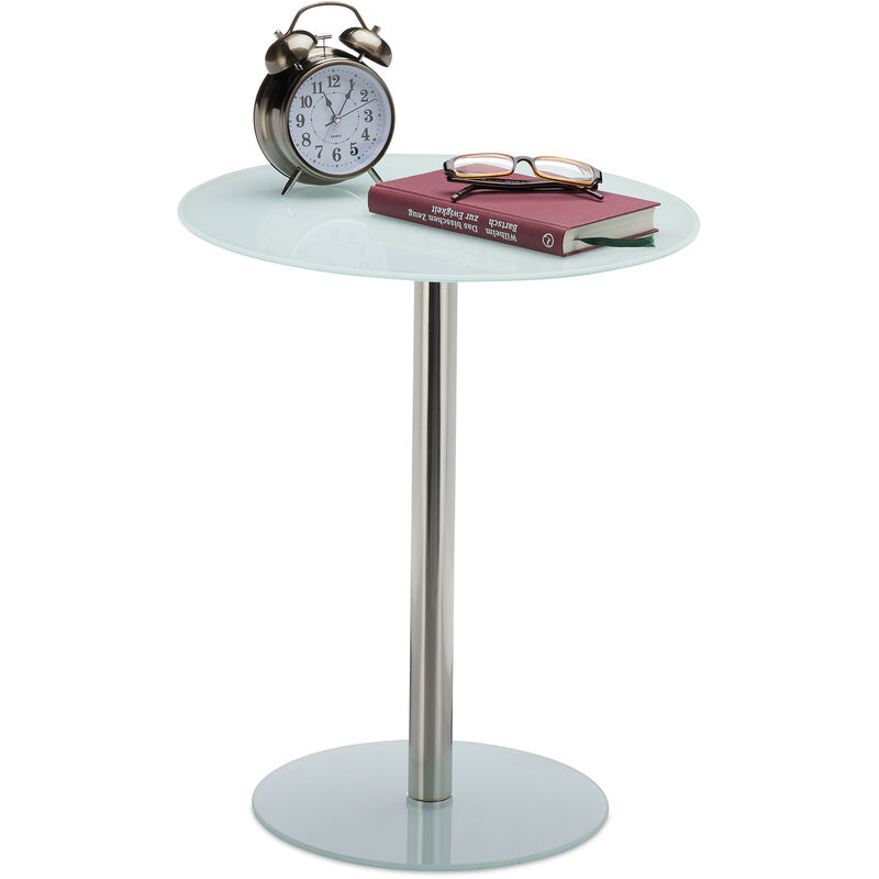 Tavolino Rotondo da Salotto in Vetro e Acciaio Inox, Tavolo da Caffè Salotto, hlp: 53 x 43 x 43 cm, Bianco - Relaxdays