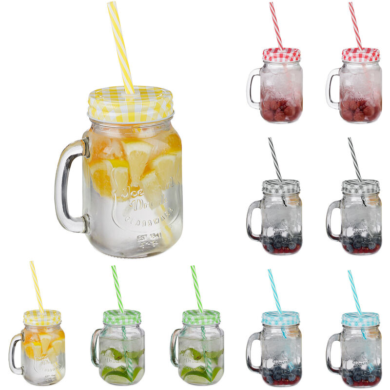 Relaxdays - 10x Drinking Jars, 500ml each, Dishwasher Safe, incl. Lids & Straws in 5 Colours, Vintage Glasses, Transparent