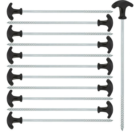 Relaxdays 12 Piquetas en Forma de T, Estacas con Cuerda, Acero, Suelos Duros, Tienda Campaña, 31 cm, Negro