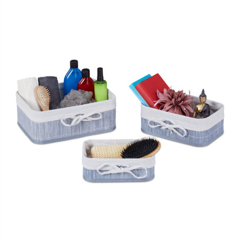 Relaxdays 12 Storage Baskets, Bathroom Storage Boxes, 3 Sizes, Bamboo & Polyester, Multipurpose, Stackable, Grey/Creme