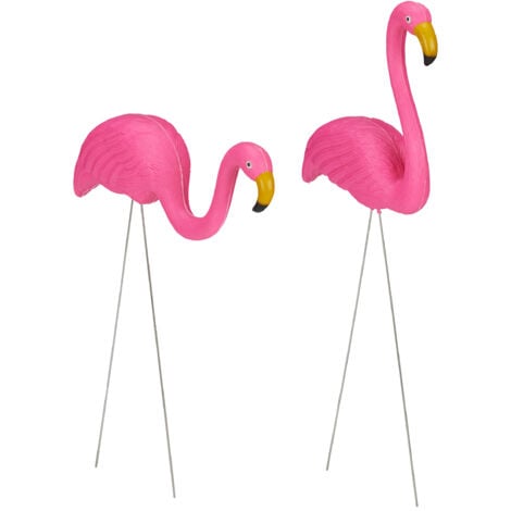 Relaxdays 12x Flamingo Figurines in 2 Sizes, Cute Garden Decoration, Tropical Flair, Pond Ornaments Plastic, Metal, Pink