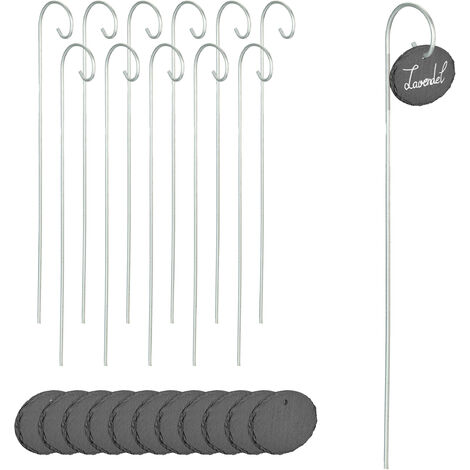 Relaxdays 12x Slate Plant Signs, Labelling, Weatherproof, Metal Rod, Oval Blackboard, HWD: 42x9x6 cm, Anthracite/ Silver