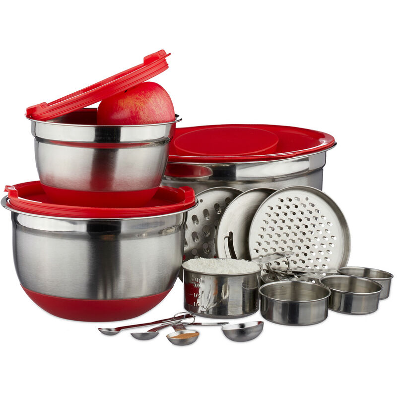 17-Piece Kitchen Accessory Set, Measuring Spoons & Cups, Mixing Bowl, Lid with Spray Shield, Grater, Silver/Red - Relaxdays